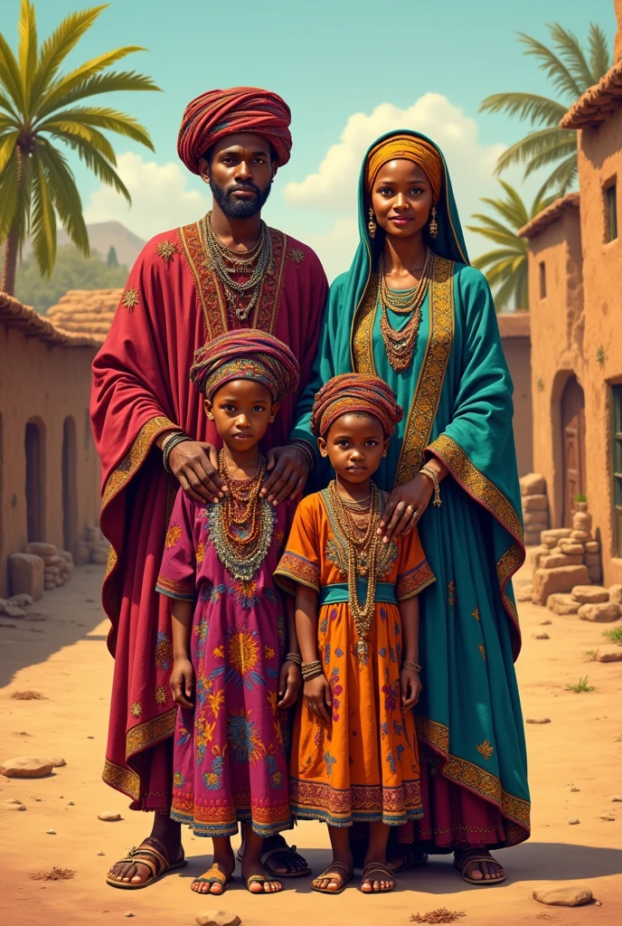 To create the image, I will depict a father, mother, and their daughter, Ada, in a traditional setting. Here’s a description of the scene:Father: A dignified man, likely in his late 50s or early 60s, wearing a traditional outfit that signifies his title, such as a robe or agbada, with a matching cap or hat. He holds a walking stick, symbolizing his status and wisdom.Ada: A 25-year-old woman dressed in traditional attire, wearing a gele (headwrap), and adorned with beads on her hands and legs. She stands beside her parents, engaging in the discussion.Mother: A woman in her late 40s to early 50s, also dressed in traditional attire, possibly a wrapper and blouse, with a matching gele.Setting: The family is inside a modest hut, with traditional decor. The atmosphere should be warm and respectful, highlighting the cultural importance of the discussion.