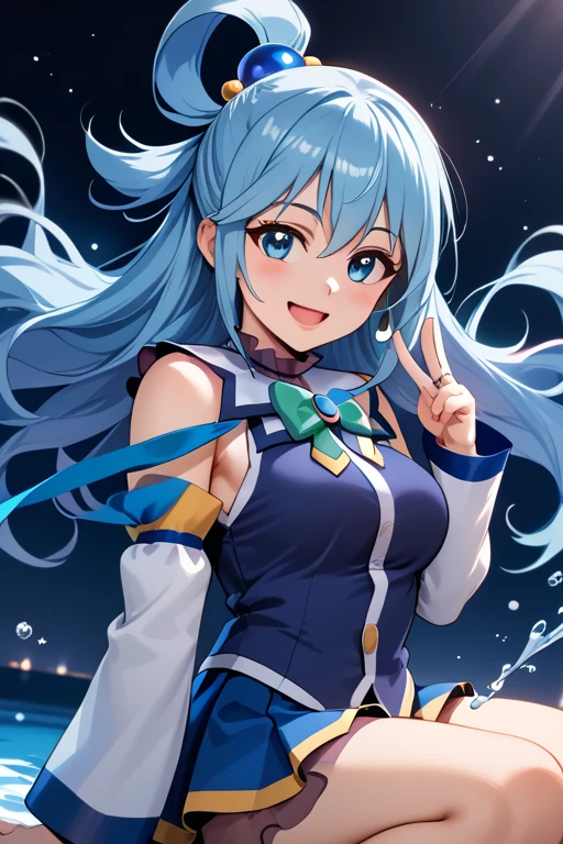  1 girl, solo, beautiful, dynamic pose, dynamic angle, ,detailed eyes,Aqua(/Konosuba)/,(ultra HD quality details), blue eyes, blue hair, long hair, hair ornament, hair rings, single hair ring, 1girl, ;d, arm_up, bare_shoulders,  blue_eyes, blue_hair, blue_shirt, blue_skirt, blush, boots, bow, breasts, cowboy_shot, detached_sleeves, floating_hair,  green_bow, hair_between_eyes, hair_bobbles, hair_ornament, hair_rings, half_updo, happy, holding,  long_hair, long_sleeves, looking_at_viewer, medium_breasts, microskirt, one_eye_closed, open_mouth, pink_shawl, pleated_skirt, shawl, shirt, single_hair_ring, skirt, sleeveless, sleeveless_shirt, smile, solo, thigh_boots, v-shaped_eyebrows, very_long_hair, water_drop, white_sleeves,sit with knees raised, (masterpiece:1.2),(best quality:1.2),newest,   ai-generated, intricate, very aesthetic:1.2), (absurdres:1.2), ,(backlighting:1.8), (neon light:1.4),(spot lights:1.4),(ray lights:1.4)
