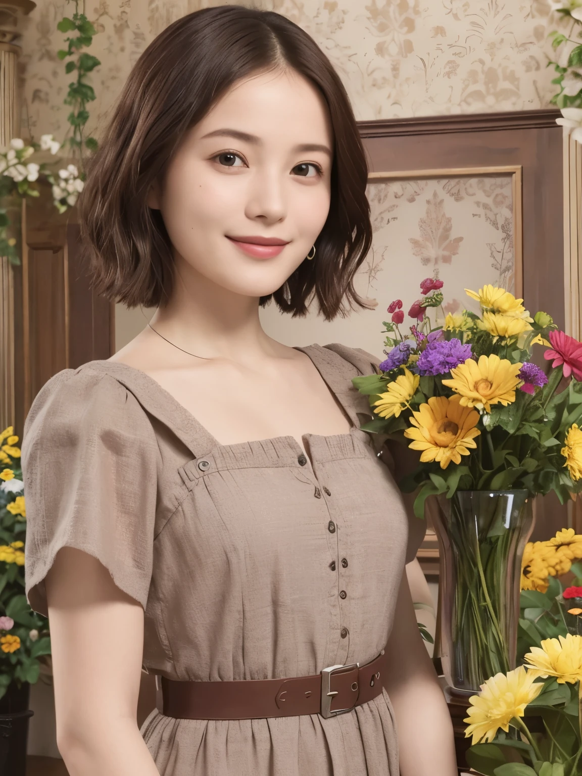 340 (20-year-old female, short hair), ( high image quality), (smile), ( Colorful Dress ), (( Arietti's World )), (Big Plants/Flowers ), (Dollhouse), ( Leonardo da Vinci)