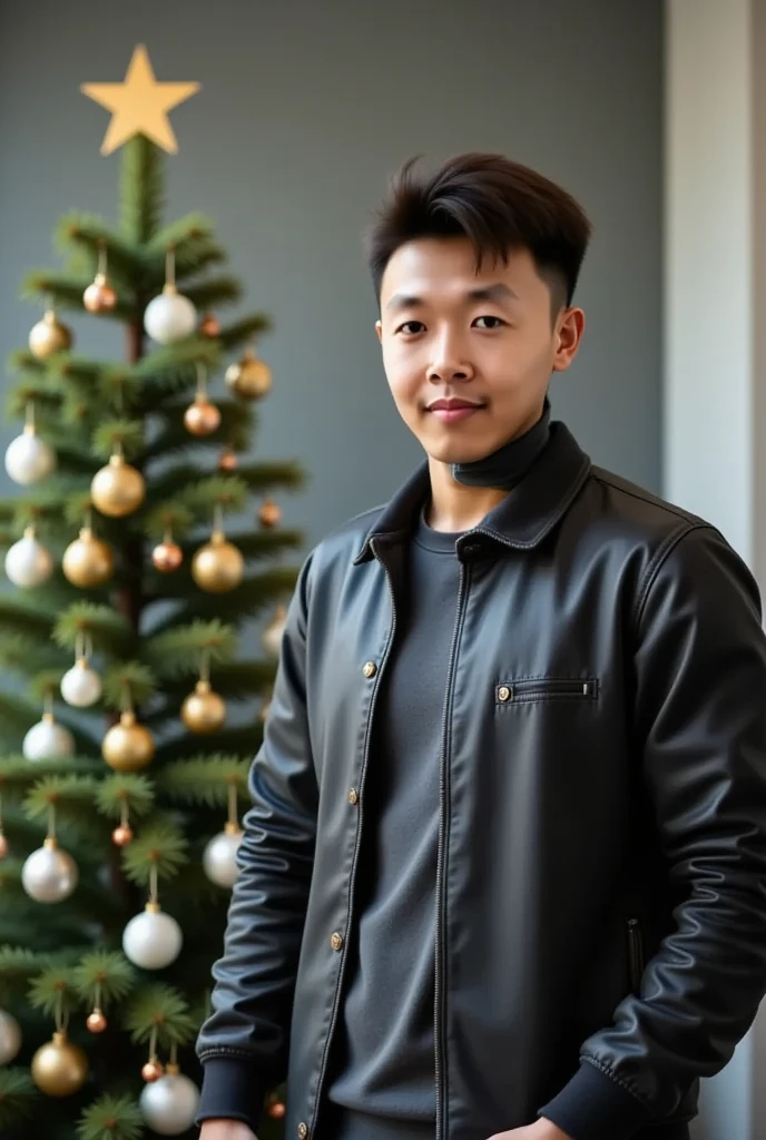 Lasisan, a man beside a Christmas tree, background have words "Merry Christmas and Happy new year 2025"