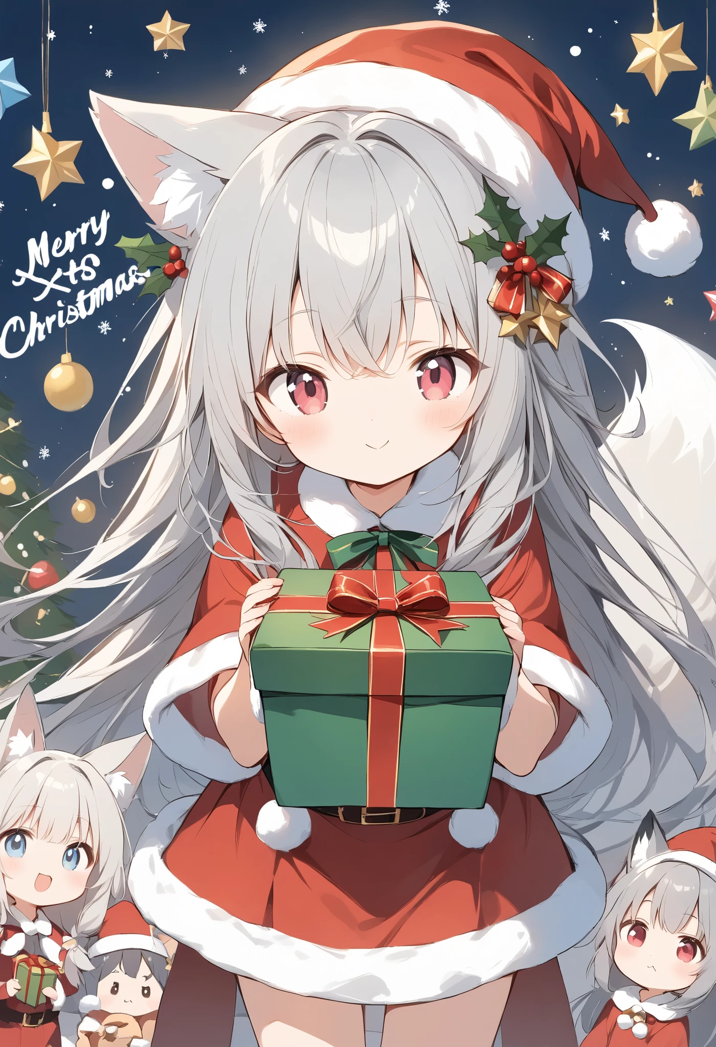  thin and soft painting style  、White fox girl  、 gray hair、  Smooth Long Hair   、 fox ears、   fluffy fox tail   、Ruby Eyes、Slanted Eyes、 cute、:<, Merry Christmas 、 Santa Claus costume、 Santa Claus hat 、 holding a present with a big smile、Happy present 、 cute、 wagging its tail 