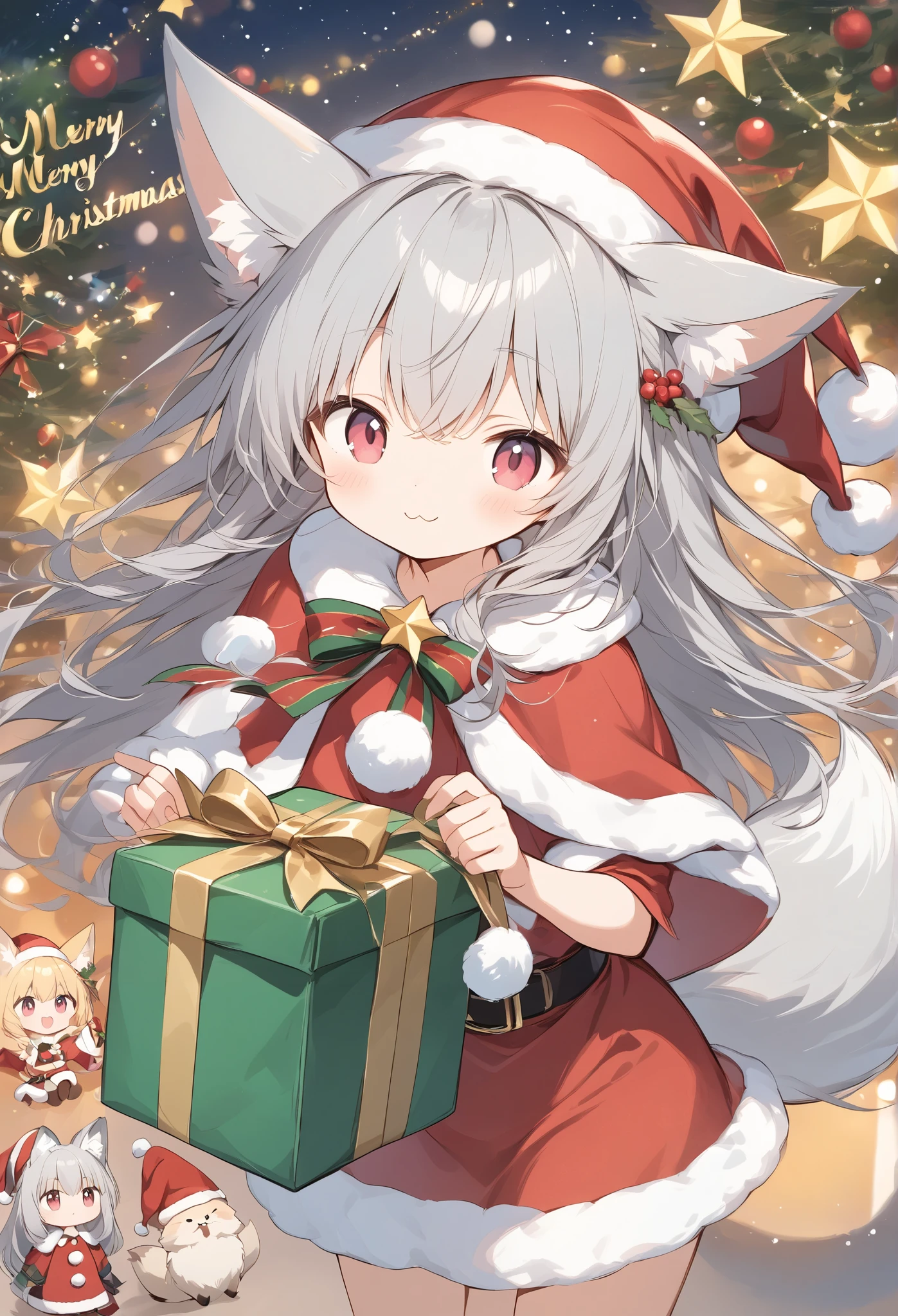  thin and soft painting style  、White fox girl  、 gray hair、  Smooth Long Hair   、 fox ears、   fluffy fox tail   、Ruby Eyes、Slanted Eyes、 cute、:<, Merry Christmas 、 Santa Claus costume、 Santa Claus hat 、 holding a present with a big smile、Happy present 、 cute、 wagging its tail 