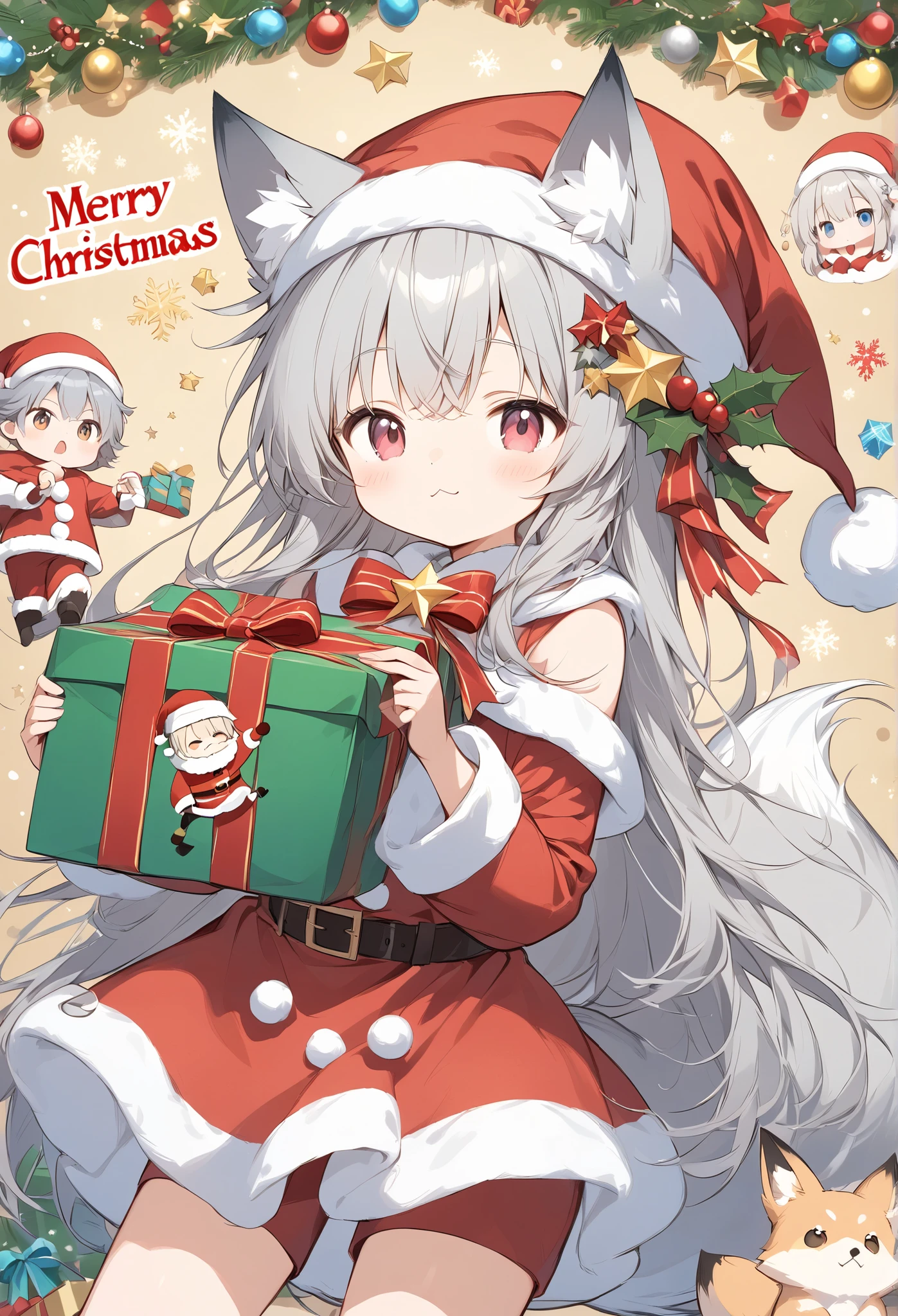  thin and soft painting style  、White fox girl  、 gray hair、  Smooth Long Hair   、 fox ears、   fluffy fox tail   、Ruby Eyes、Slanted Eyes、 cute、:<, Merry Christmas 、 Santa Claus costume、 Santa Claus hat 、 holding a present with a big smile、Happy present 、 cute、 wagging its tail 