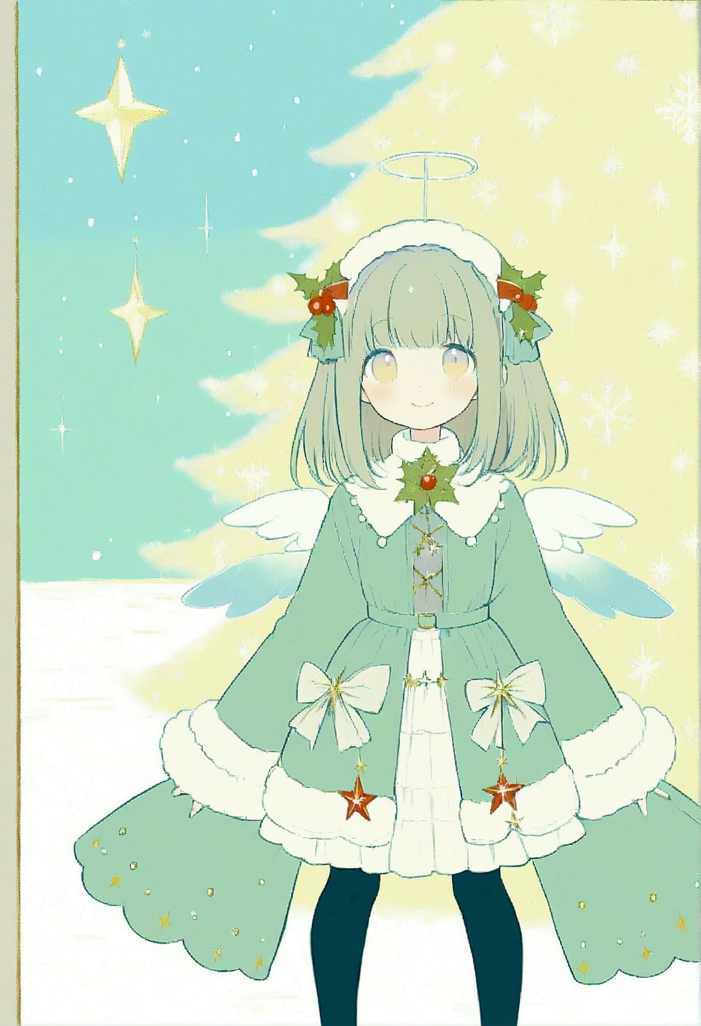 ultra detailed, best quality, in christmas, 1girl with gothic fashion, decorated christmas tree, smile , standing , look at me, angelic atmosphre, bright , glittering particles, shiny, soft color, kawaii anime, cute illustration, angel dust falling, fancy style, snow fall,