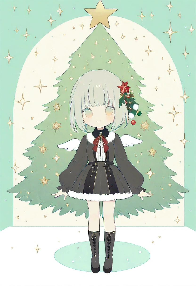 ultra detailed, best quality, in christmas, 1girl with gothic fashion, decorated christmas tree, smile , standing , look at me, angelic atmosphre, bright , glittering particles, shiny, soft color, kawaii anime, cute illustration, angel dust falling, fancy style, snow fall,