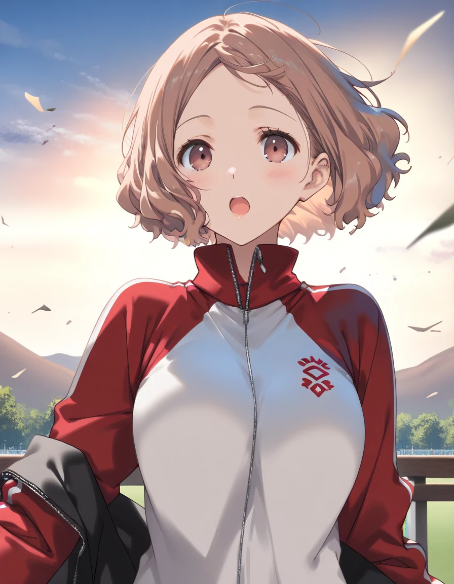 1girl, okumura_haru_(\persona_5\), brown hair, short hair, medium breasts, red track suit, beautiful detailed eyes,open mouth, outdoors,wind,fantasy, game CG, break,(artist:mitsumi_misato),artist:fujiyama,artist:kokonoka, break,(masterpiece), (best quality), (ultra-detailed),(Detailed Lighting), very aesthetic, newest, beauty illustration,super detailed skin, (masterpiece), (best quality), (ultra-detailed), very aesthetic lighting,newest ,hi res,absurd_res,shiny skin,2023, shaded,digital media (artwork), realistic lighting, 16k, 8k,highres, source_anime, official_art, photoshop_(medium)