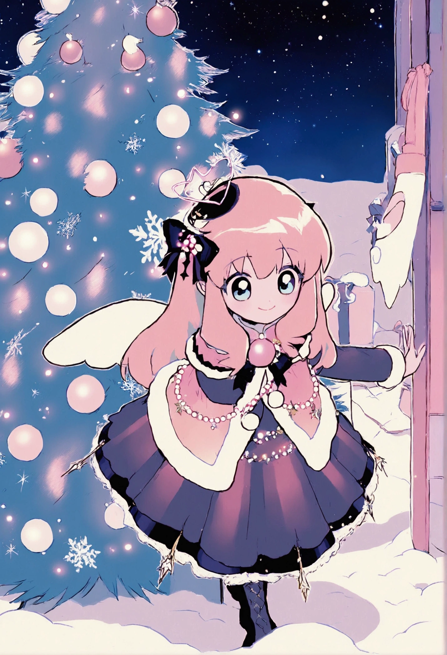 ultra detailed, best quality, in christmas, 1girl with gothic fashion, decorated christmas tree, smile , standing , look at me, angelic atmosphre, bright , glittering particles, shiny, soft color, kawaii anime, cute illustration, angel dust falling, fancy style, snow fall,