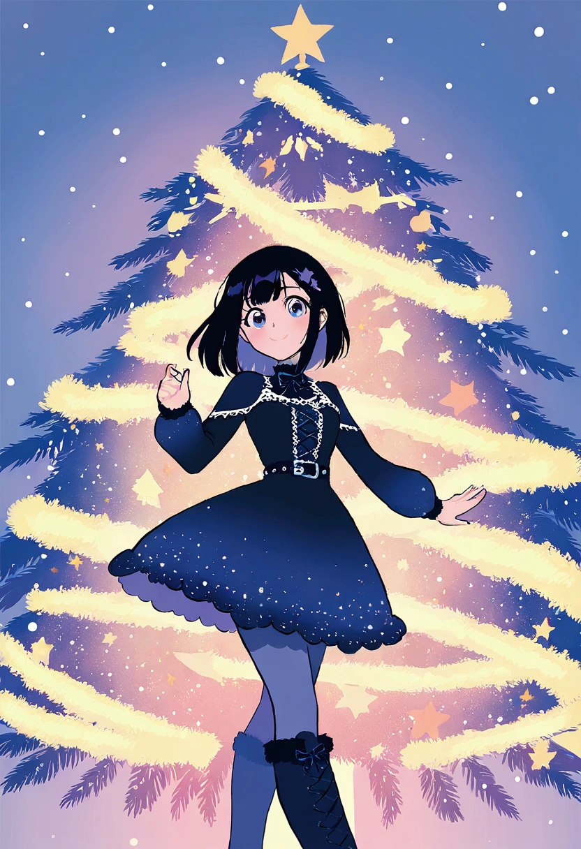 ultra detailed, best quality, in christmas, 1girl with gothic fashion, decorated christmas tree, smile , standing , look at me, angelic atmosphre, bright , glittering particles, shiny, soft color, kawaii anime, cute illustration, angel dust falling, fancy style, snow fall,