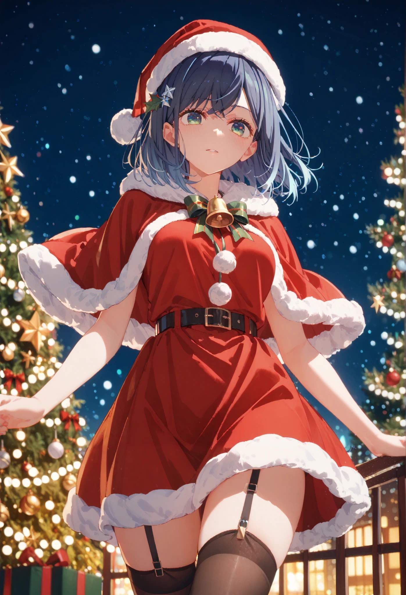 akane kurokawa, bangs, green eyes, blue hair, medium hair, dark blue hair,1girl,solo, santa hat, capelet, fur trim, garter straps,breasts, thighhighs,, bell, bangs, hair ornament,santa dress,