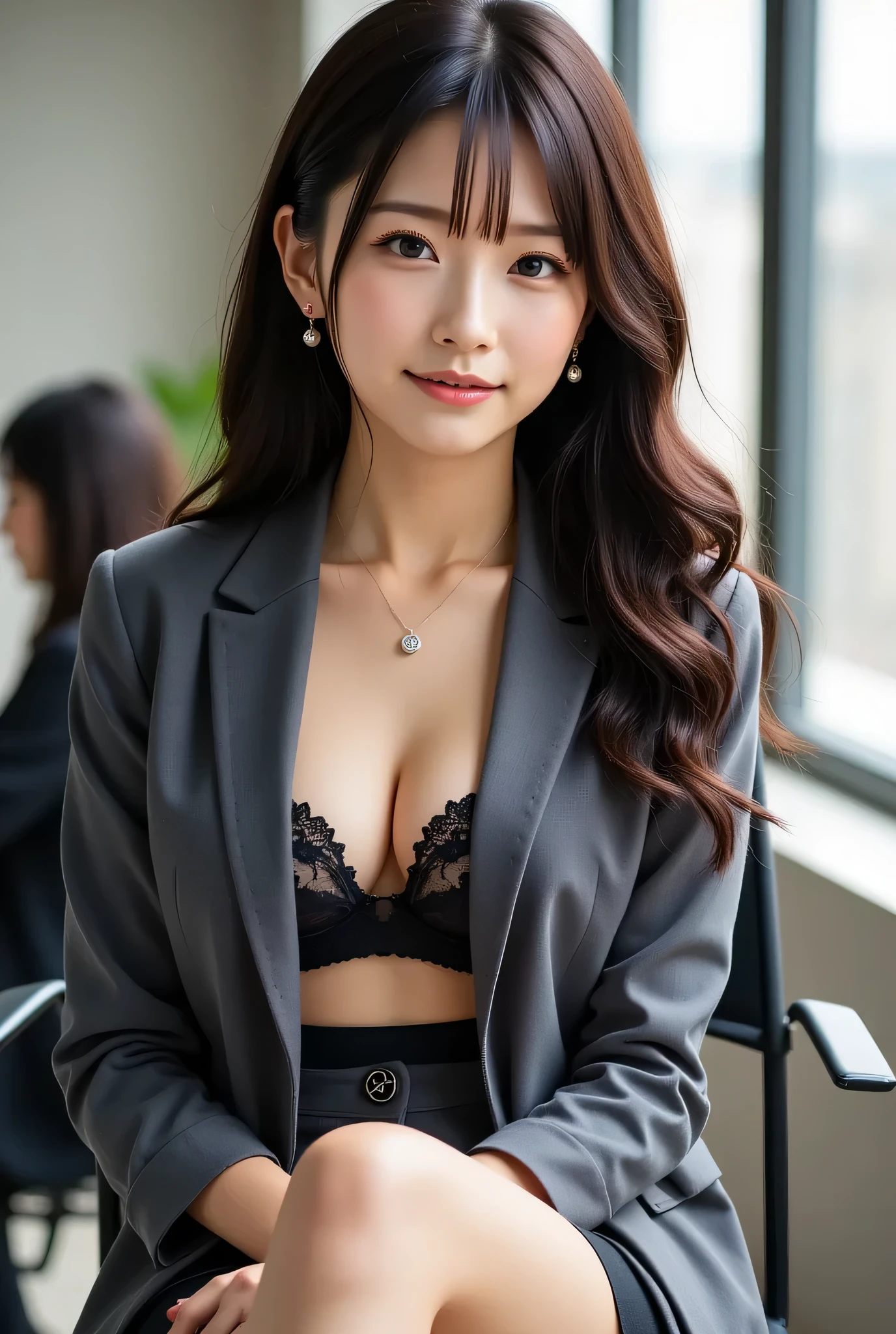 jessica veranda, sittin on desk table, (black women's blazer), (black blazer), (red Bra Under a Blazer), ((black skirt)), skirt, (stocking lace glosy), (black choker), (black thigh highs), high heels, looking at camera, front view, long hair, bangs, (detailed face), at office room, tempting pose, potrait body, mouth closed, light smile, black eyes, 1 girl, 20yo,Young female,Beautiful Finger,Beautiful long legs,Beautiful body, Beautiful Nose,Beautiful character design, perfect eyes, perfect face,expressive eyes,perfect balance, (looking at viewer),extremely detailed CG unity 8k wallpaper, White skin, (masterpiece:1.0), (best_quality:1.0), ultra high res,4K,ultra-detailed, photography, 8K, HDR, highres, absurdres:1.2, Kodak portra 400, film grain, (vibrant_color:1.2),professional photograph, (Beautiful,huge_Breasts:1.4), (beautiful_face:1.5),(narrow_waist)