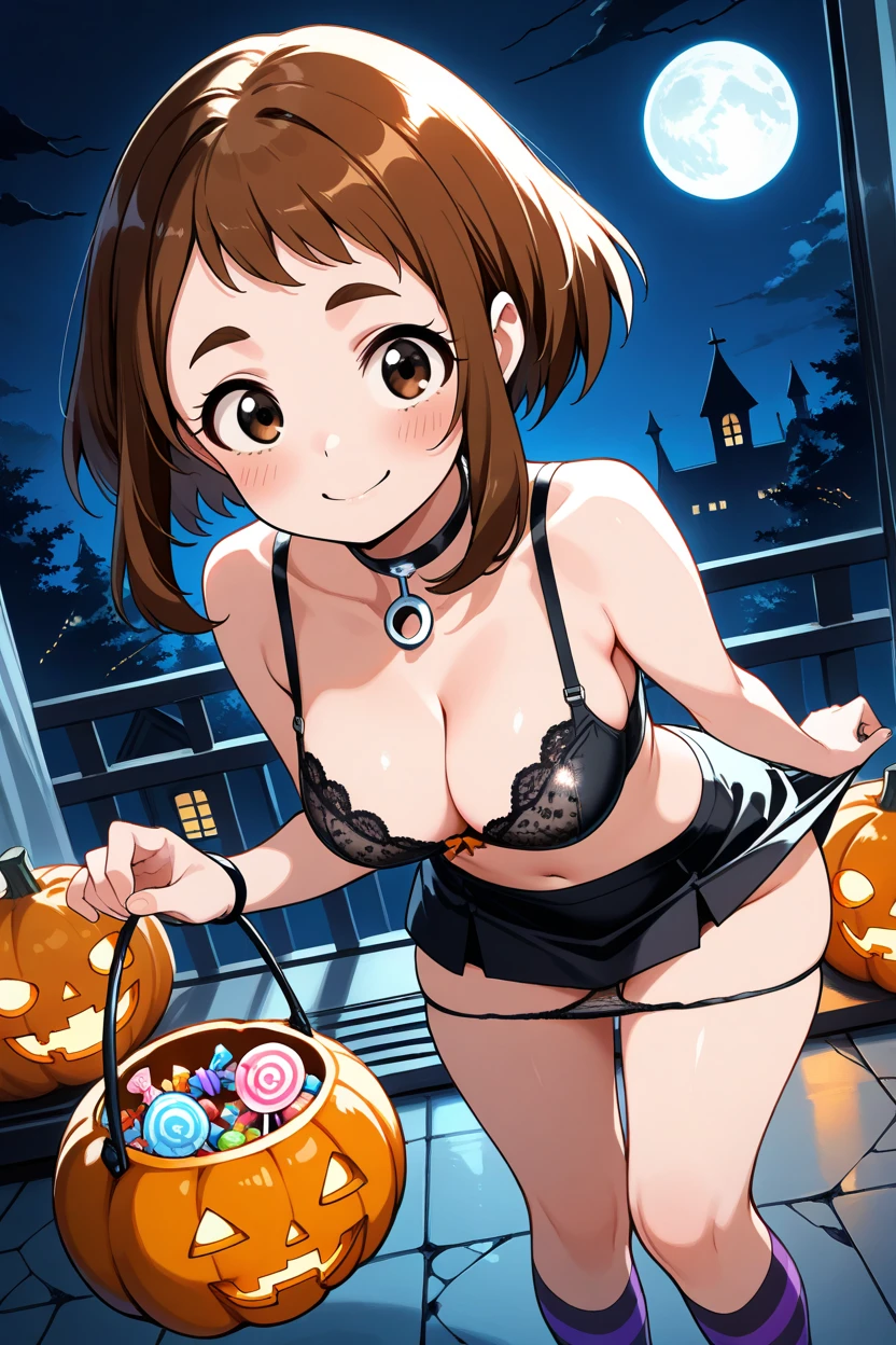 masterpiece, Highest quality, High resolution, Gloria1, 1 Girl, Gloria\(Pokémon\), Brown Hair, , Brown Eyes, , Short Hair, , Bobcut, bangs, , 　１Describe a girl carefully　１Girl　Expression in love　blush　Open Mouth　blush　pumpkin　Sexy Pumpkin Bikini　Halloween　In town