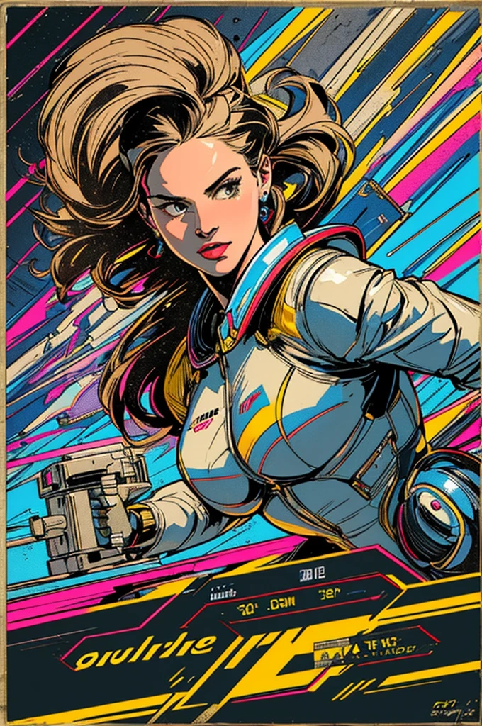 (((Top Quality Masterpiece ))),(((solo:1.2))),((( 1 woman :1.2))), 32K Highly Detailed Wallpaper , Retro Vintage Style ,((((dynamic Angles)))),(((Overwhelming highlights))),((most complex machine)),Highly functional latest futuristic rubber suit with a very flashy color scheme