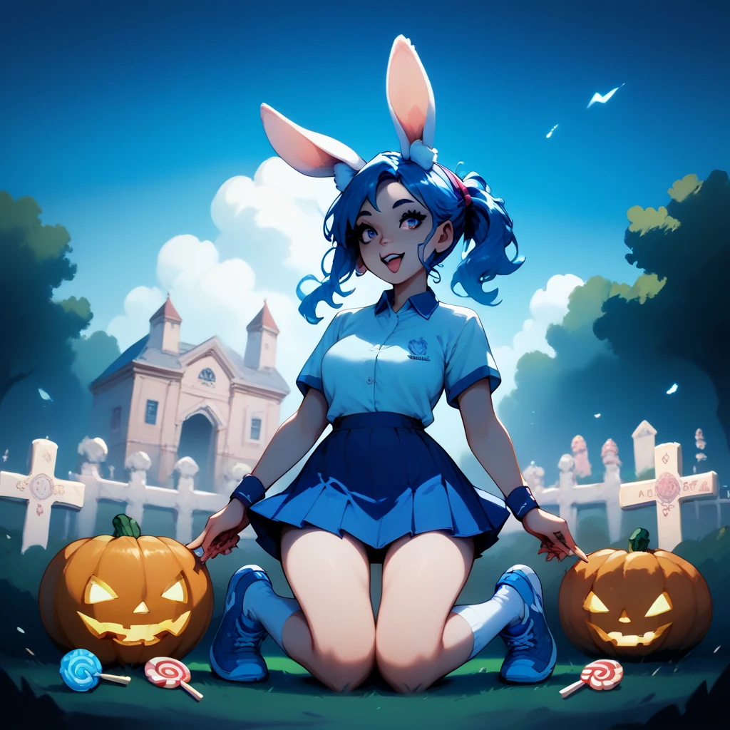 girl in short school skirts , neckline, blue tennis shoes, Half-thigh socks and rabbit ears asking for candy at midnight in a cemetery centered on a pumpkin while little ghosts fly around it