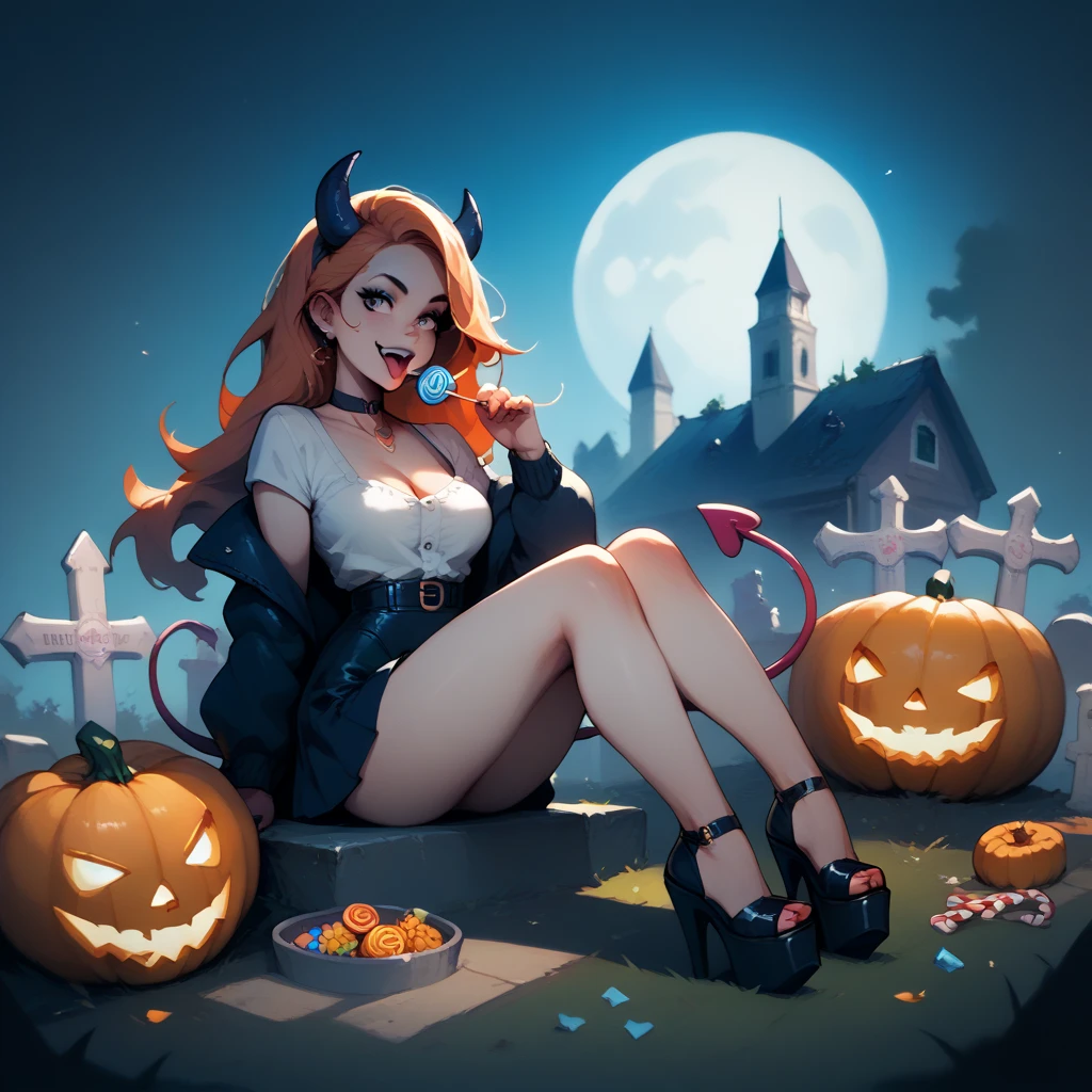 girl in short skirt, neckline, platform heels and devil's tail asking for candy at midnight in a cemetery,  sitting on a pumpkin