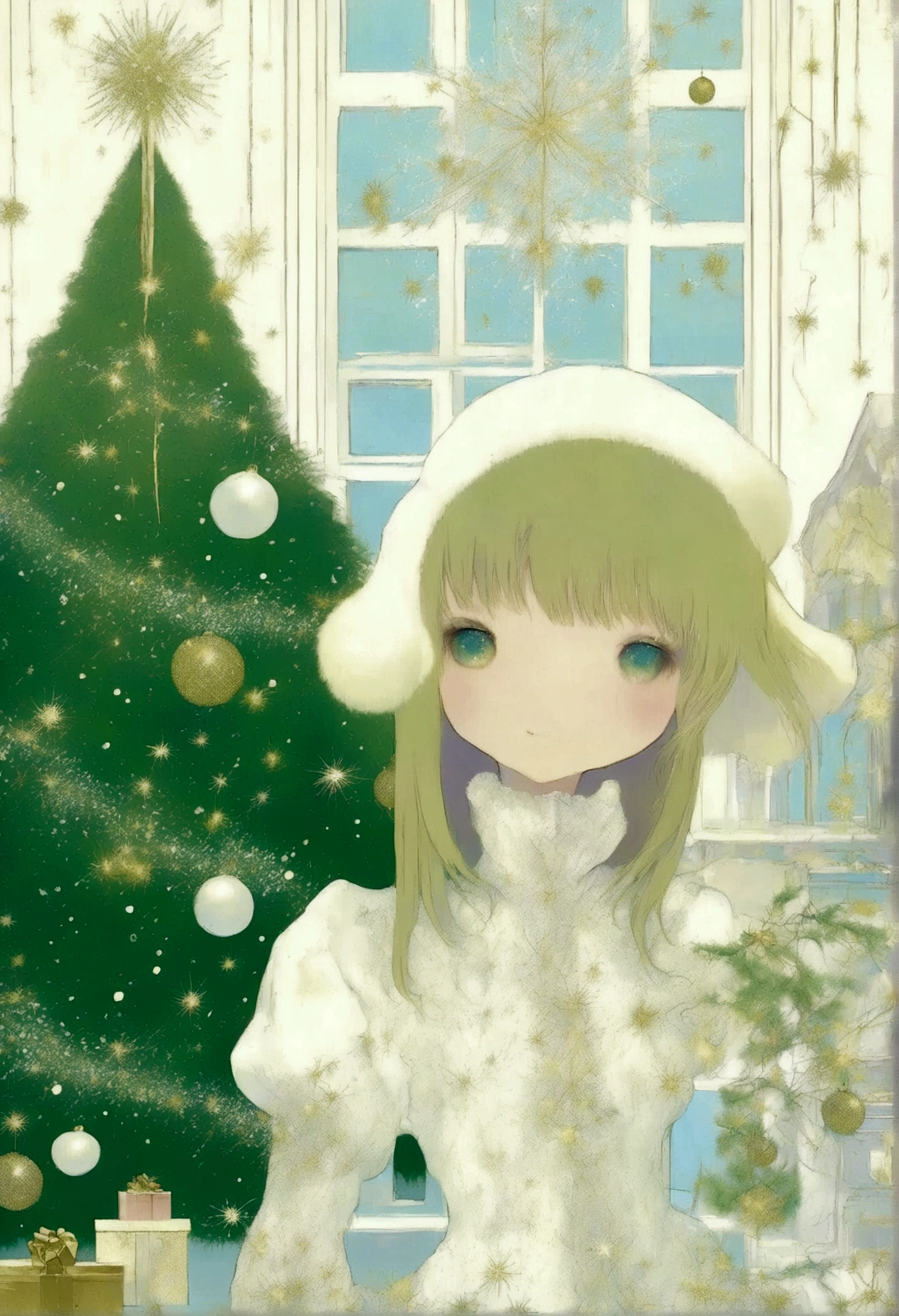 ultra detailed, best quality, in christmas, 1girl with gothic fashion, decorated christmas tree, smile , standing , look at me, angelic atmosphre, bright , glittering particles, shiny, soft color, kawaii anime, cute illustration, angel dust falling, fancy style, snow fall,