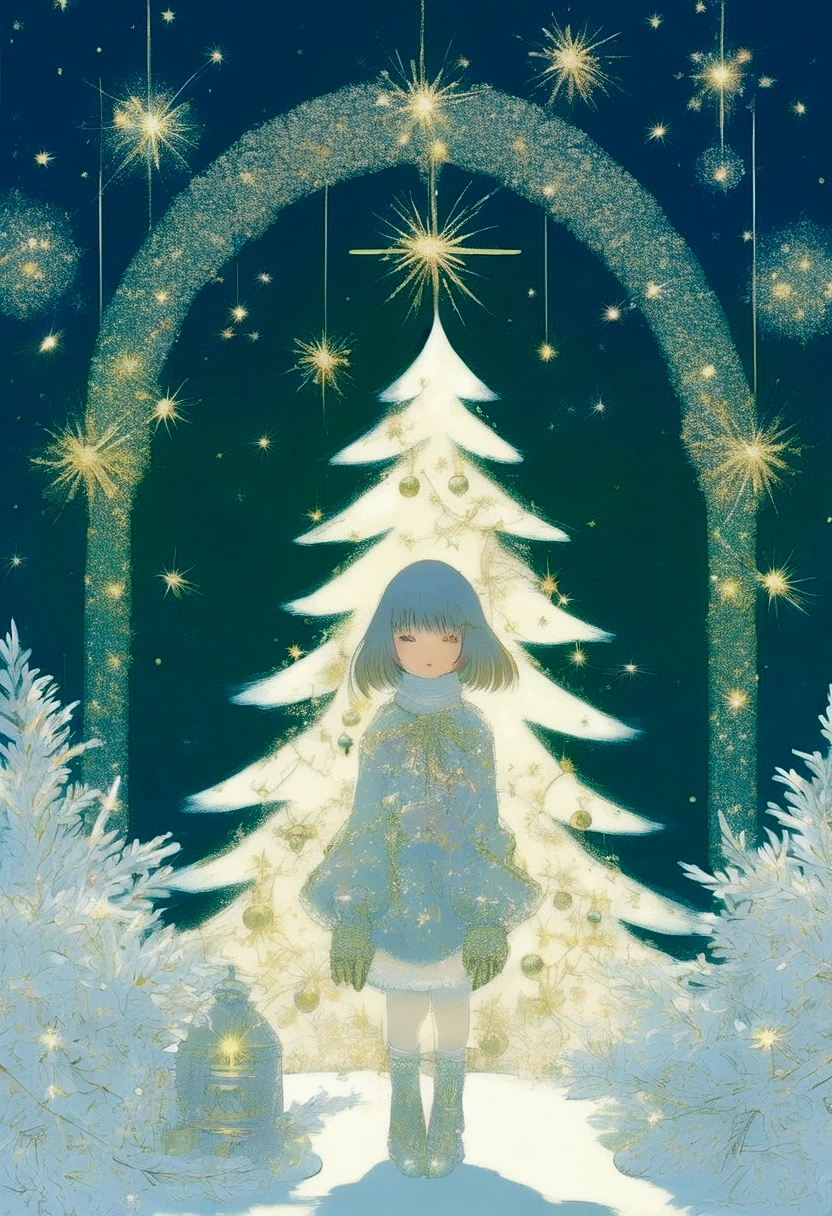 ultra detailed, best quality, in christmas, 1girl with gothic fashion, decorated christmas tree, smile , standing , look at me, angelic atmosphre, bright , glittering particles, shiny, soft color, kawaii anime, cute illustration, angel dust falling, fancy style, snow fall,