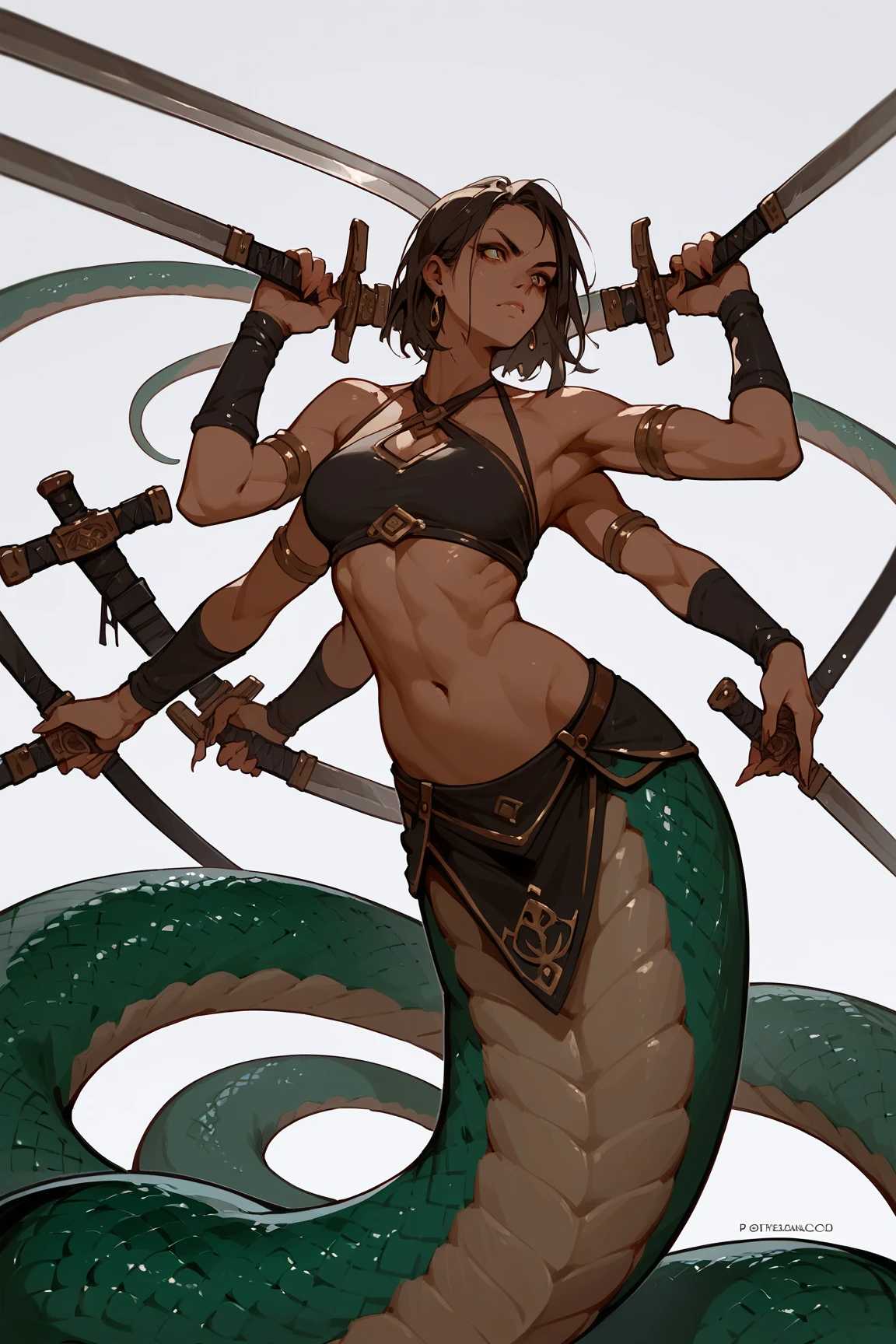 Character portrait of a lamia. She has the upper body of a human woman and the lower body of a snake. She has six arms, all wielding swords.