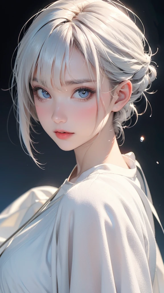 (masterpiece, best quality:1.2), 8k, 85mm, raw photo, absurdres, white and cyan theme, (liquid clothes, liquid dress:1.4), white hair, gradient dress, delicate girl, upper body, close up face, shiny skin, teen, looking at viewer, HDR, sharp focus, particle, twilight sky, detailed eyes and face, white hair, simple background,(Enhances the beauty of skin texture:1.1),((Extremely precise and accurate anatomy:1.0)),Kind eyes,Graceful pose,