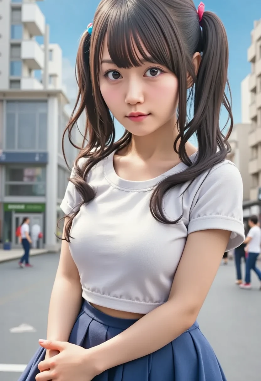 (Highest quality,masterpiece:1.3,Ultra-high resolution),(Very detailed、Caustics) (Realistic:1.4, RAW shooting、)Ultra-Realistic Capture、Very detailed、Natural skin texture、masterpiece、(A Japanese elementary school girl wearing a thin tank top and a jeans miniskirt:1.3), Adorable expression、Expressions of happiness、10 years old、height: 145cm、Baby Face、Amazingly cute、Twin tails、Straight hair、Scrunchie、Black Hair、necklace、F Cup Big、Shining thighs、Skin Arm、The navel is visible、Background details、smile、An inviting gaze、Anatomically correct、Cowboy Shot、Attention to detail、Photographed on the main street of a summer resort、Sexy pose