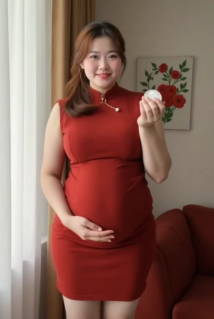 (Highest quality, 8K, 32k, masterpiece, Ultra-high resolution: 1.2), 1 Girl, Beautiful Japanese Woman, Tight waist, ((China dress:1.3)), OL, From the back, office, mechanical, (Protruding buttocks: 1.2), Detailed face, short hair, Korean Idol, Nogizaka idol, actress, idol carving, Android, cute, smile, big pregnant belly, pregnant 40 weeks.