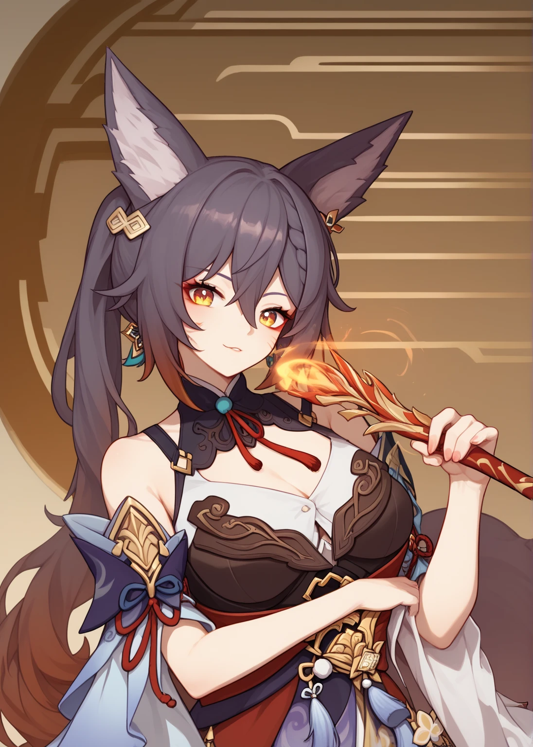 a close up of a woman with a cat ear and a sword, fox nobushi, keqing from genshin impact, a beautiful fox lady, a beautiful kitsune woman, fox nobushi holding a naginata, zhongli from genshin impact, kitsune holding torch, kitsune, kemono, ahri, from arknights