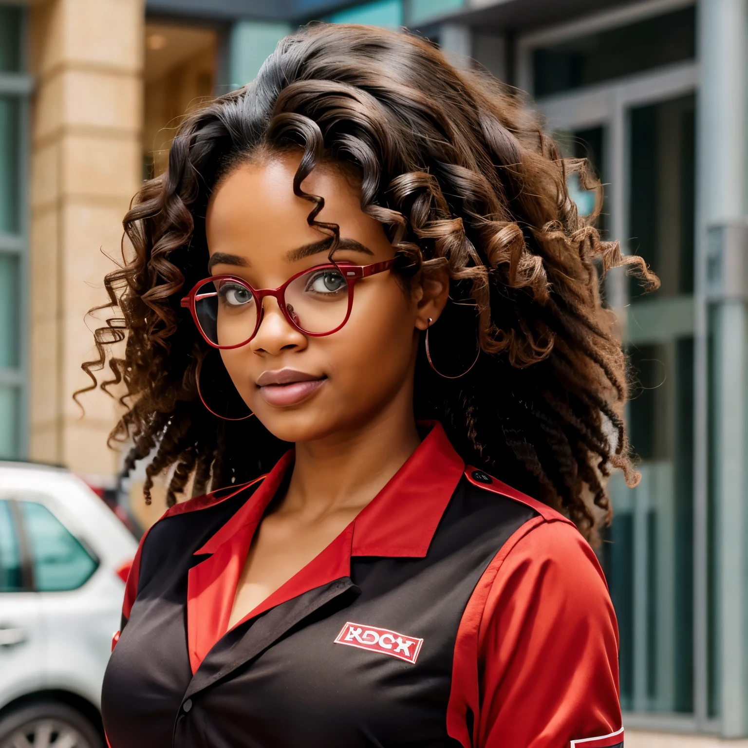 black girl, very fat, curly hair, red pharmaceutical uniform, nerdy glasses