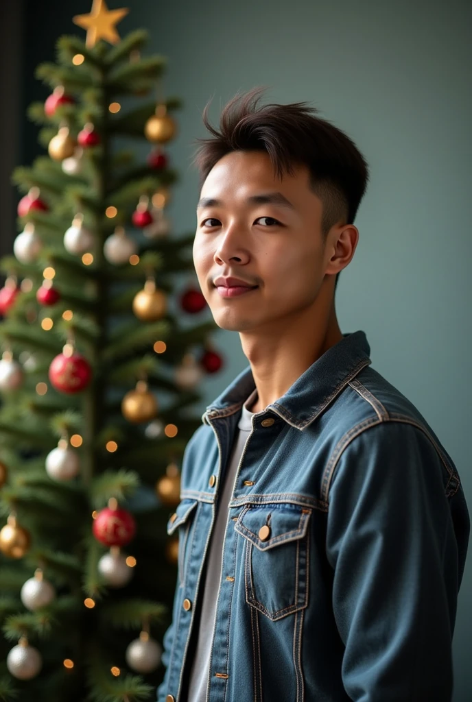 Lasisan, a man beside a Christmas tree, background have words "Merry Christmas and Happy new year 2025"