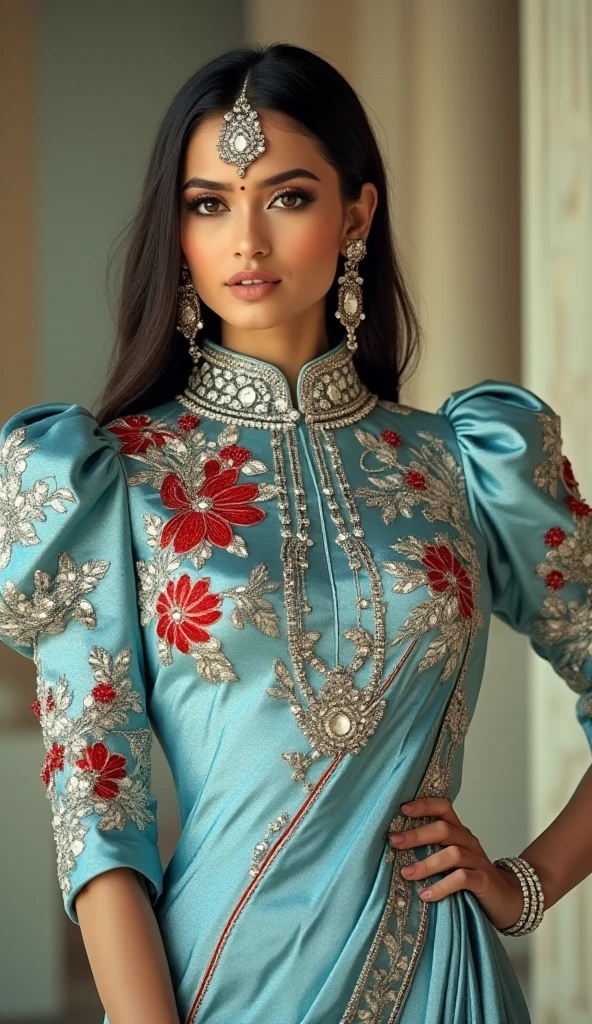 a tall and striking woman exudes confidence and charm with a flirtatious expression. she is adorned in a stunning punjabi style slimfit outfit featuring a light blue lame fabric and red mirror stone work floral design with high neck saree.the saree showcases exaggerated puffy shoulders,adding a dramatic flair to her look, and the slimfit 3/4 sleeves offer an elegant touch. her ensemble is completed with high heels, which accentuate her poised stance. the overall effect is both sophisticated and alluring, perfectly capturing her graceful and bold presence.