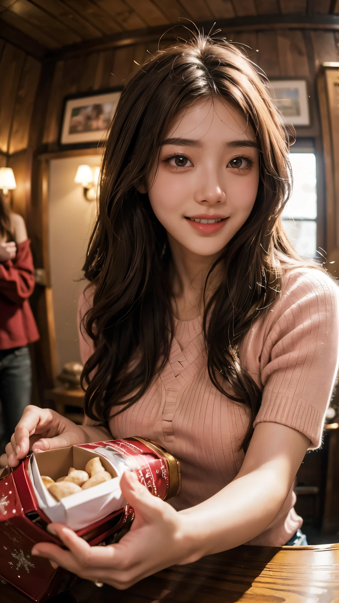 highest quality, masterpiece, ultra high resolution, (realistic:1.4), (close portrait) Raw photo, 1 girl, 18-year-old,((school uniform)),((Hold out Valentine&#39;s Day chocolates to the viewer with both hands.)),((Looking up at the viewer)),(blush),masterpiece, realistic pictures, saturation, contrast, ((small breasts)),((smiling showing teeth)),Ponytail and scrunchie