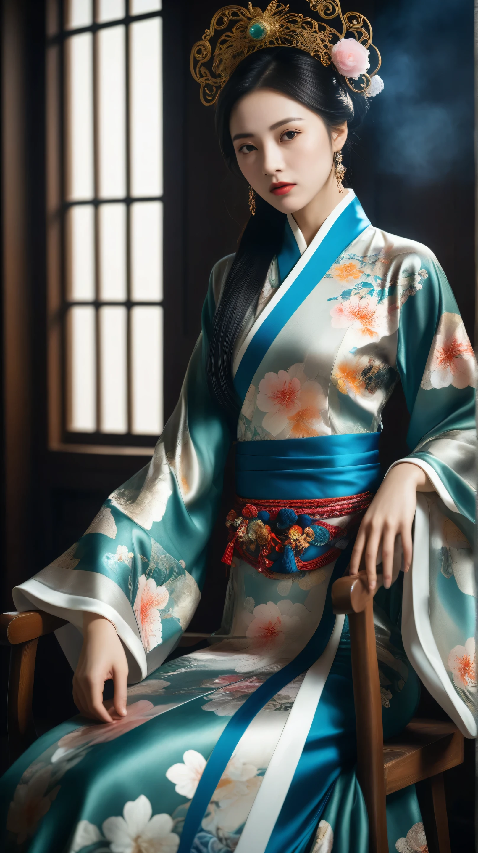 Award-winning style photography masterpiece, female Guochao costume master composition, simple, personalized perspective, emotional atmosphere, high contrast, emphasis on the fusion of texture and light and shadow, smart, dreamy, wide-angle, multiple exposure, depth of field, art nouveau style, surrealism, details, rich colors, vivid, perfect masterpiece
