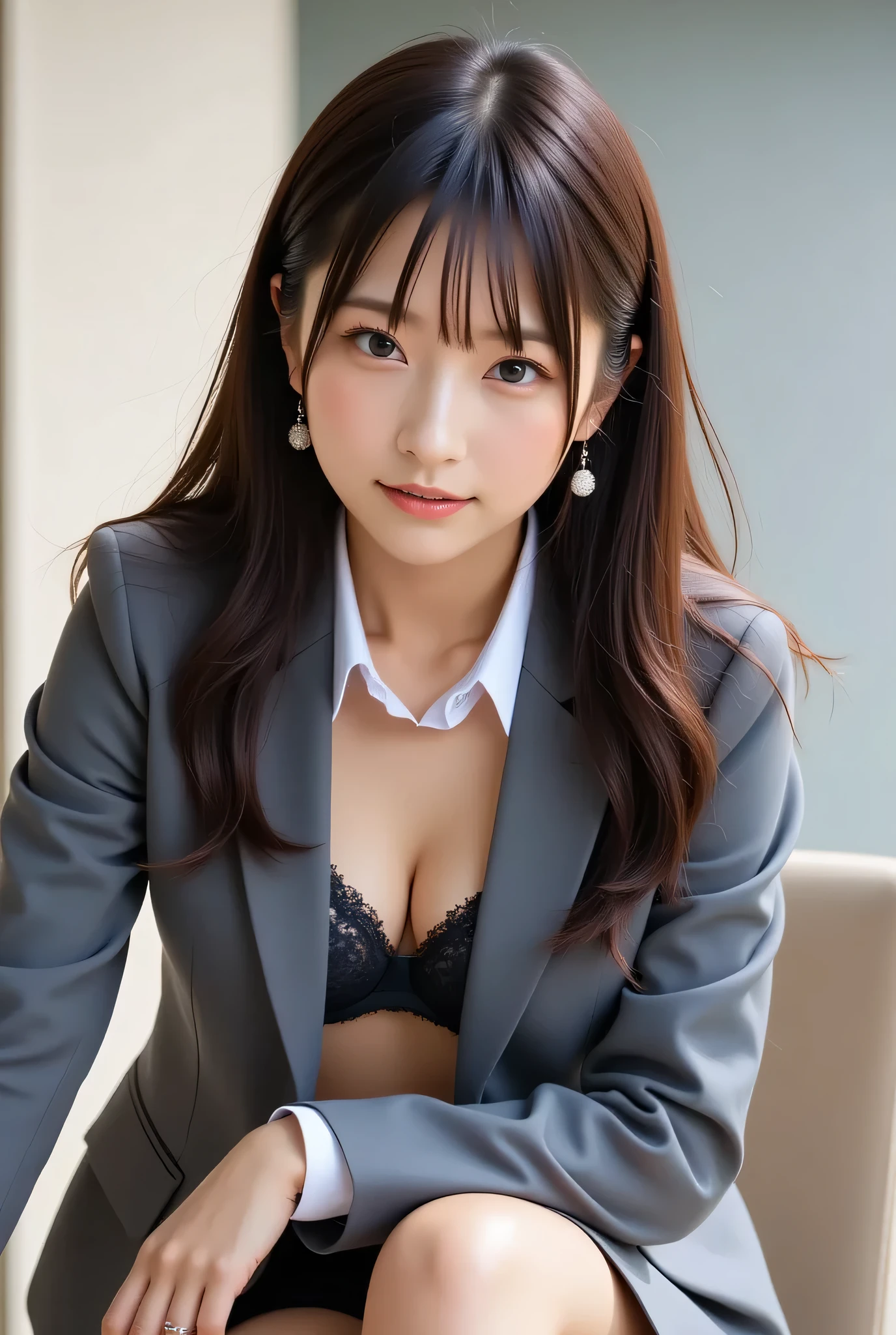 1 japanese woman,40years old,*********,((small breasts:1.5)), realistic, High resolution, ((squatting down)), slender body shape, black hair, ahoge, long hair, half updo, shy, light smile, embarrassed, naughty, downy hair, tartan check clothes, office uniform, longskirt, ((black Panty stocking)), open legs, freckles, realistic private parts, realistic nipples, in the office, Surrealism, depth of field, sideways, f/2.8, Canon, masterpiece, UHD, 8k, textured skin