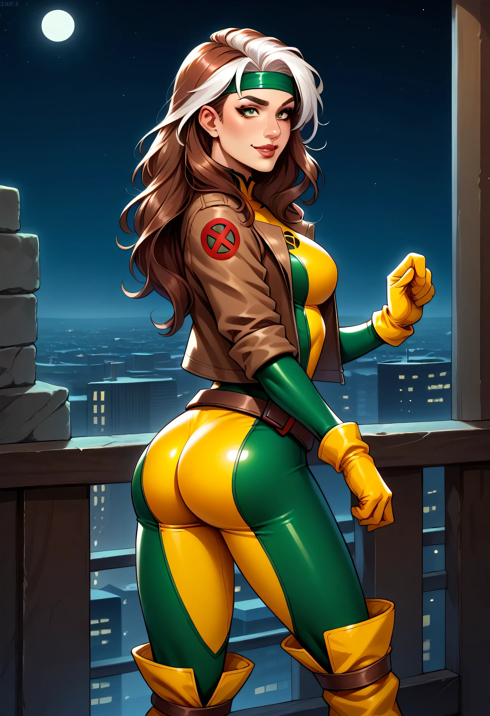  score_9,  score_8_above,  score_7_above, BREAK,  score_9,  dskrge _xm3n , smile, body, Gloves, jacket, Lips,  long hair,  medium breasts, open clothes, open jacket, cabello blanco, yellow body, yellow Gloves,  Cabello Castaño, split colo red hair,  tinted bangs , Gloves, brown jacket, headband, jacket, Lipstick,  long hair, makeabove,  multicolored body , multicoloured clothes,  belt,  belt hebilla, , hebilla,  red hair, two tone body , yellow body, green body,  vaquero disparó, ass, Desde atrás, Evening, city