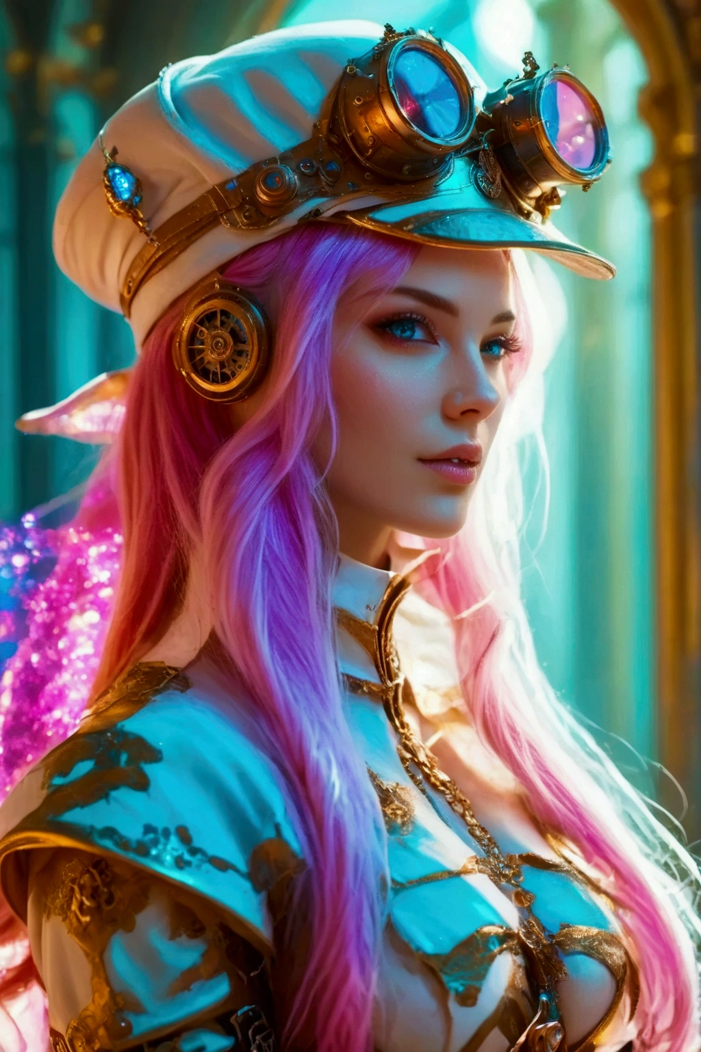 Imagine a beautiful woman with long straight neon pink hair with white skin with neon green eyes with a sculptural body wearing light red and white steampunk armor with ornaments wearing a Victorian top hat with brass bronze glasses on her head energizing blue sparks in her hands in an arcane temple.