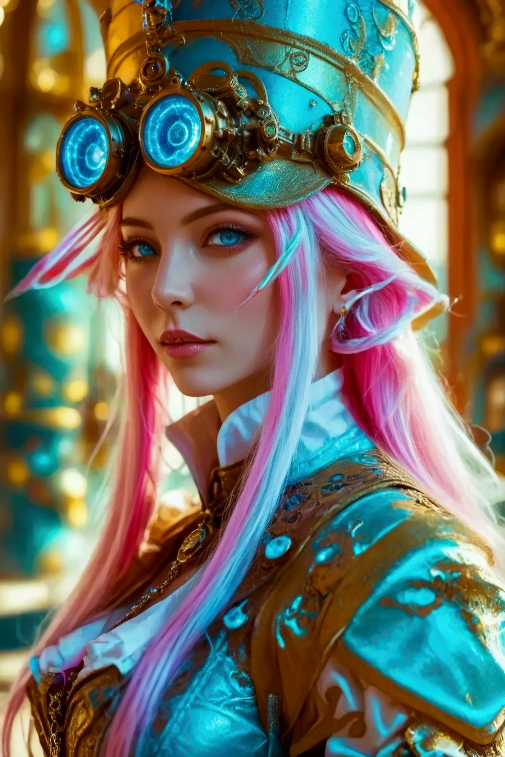 Imagine a beautiful woman with long straight neon pink hair with white skin with neon green eyes with a sculptural body wearing light red and white steampunk armor with ornaments wearing a Victorian top hat with brass bronze glasses on her head energizing blue sparks in her hands in an arcane temple.