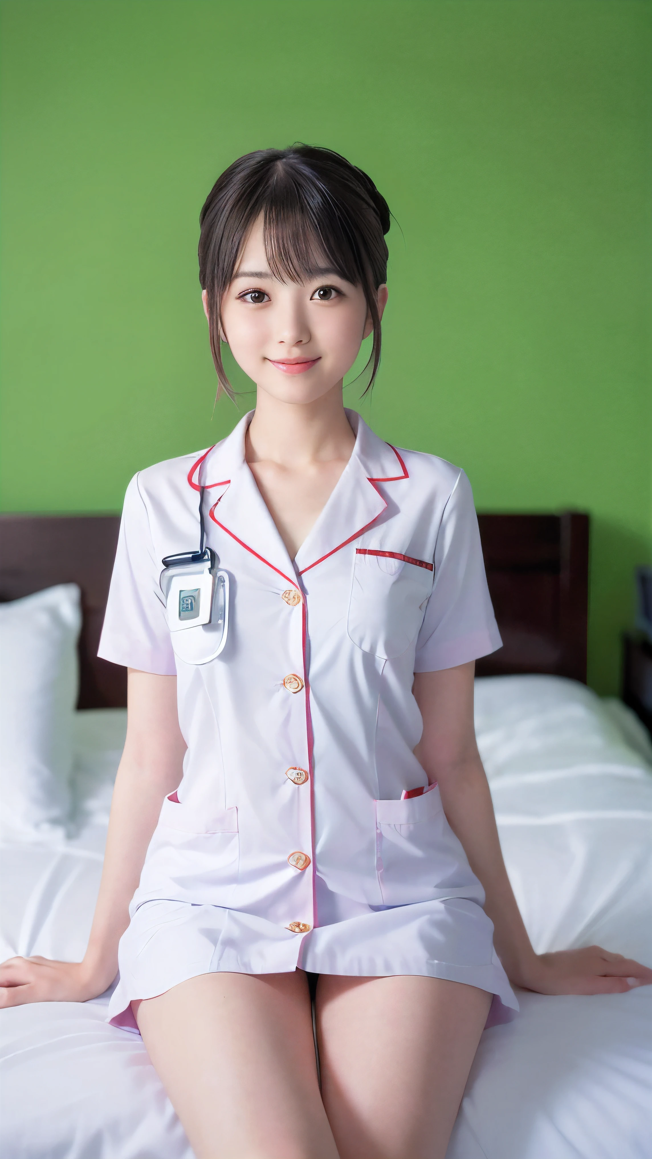 (Close-up face shot of one slender small breasts two side up black medium hair with bangs girl in a white nurse uniform without underware:1.5)、(One girl is leaning on the bed in the hospital room at the night time with shy smile:1.5)、(blurred background:1.5)、(Natural light:1.5)、(High-key photo:1.5)、(8k ultra detailed master piece:1.5)、(perfect anatomy:1.5)、(Photorealistic stick:1.5)、(Raw photo:1.3)、(highest quality:1.5)、(High resolution:1.3)、(Delicate and beautiful perfect face:1.3)、(Delicate and beautiful eye air skin:1.3)、(Real Human Skin:1.3)、((thin legs))