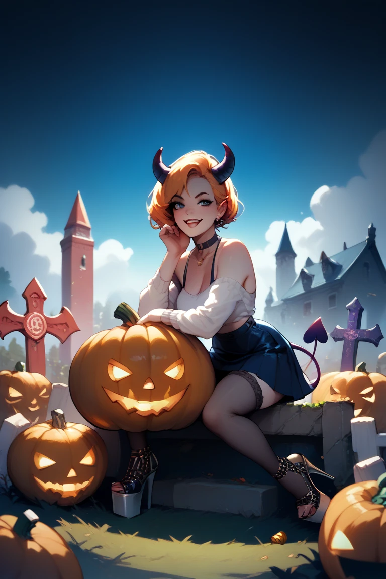 girl in short skirt, neckline, platform heels and devil's tail asking for candy at midnight in a cemetery,  sitting on a pumpkin