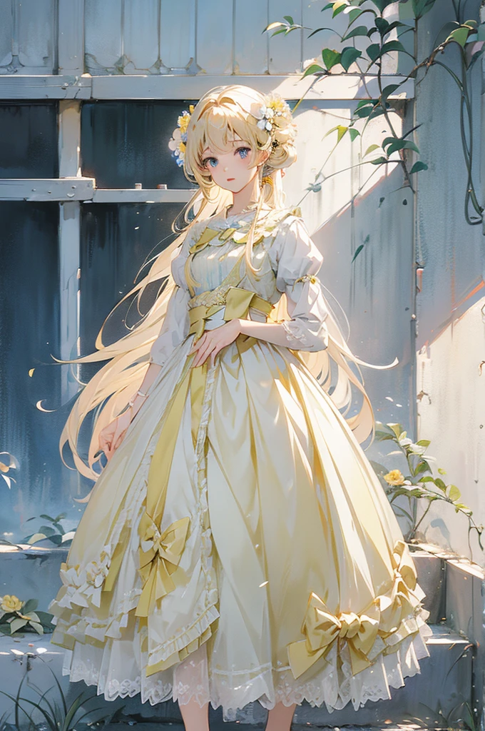 1 anime girl in a light yellow gauze skirt standing in front of a flower wall,cabellos largos dorados，Soft anime illustration,Guviz, style of anime4 K