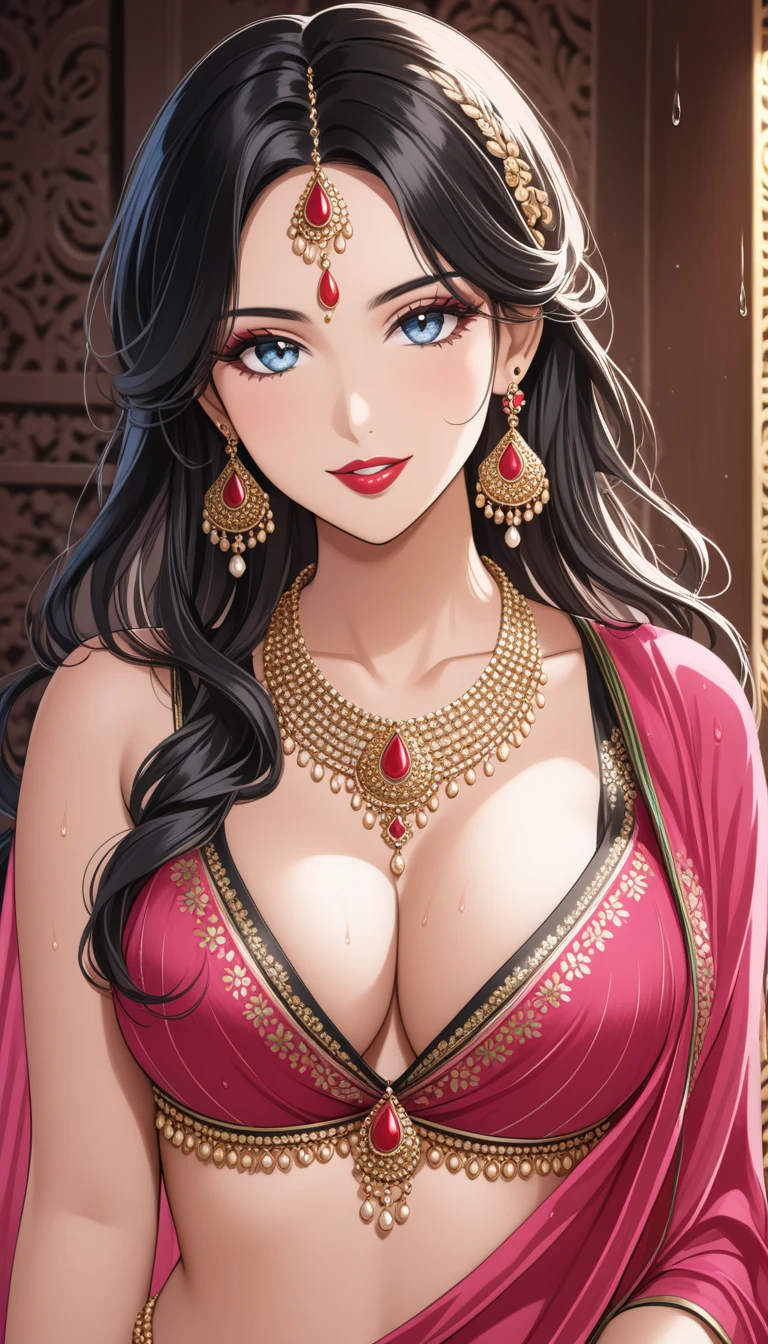 Hot beautiful lizana, with intricate designs, detailed long big kundan jhumka earrings,red lipstick, black hair, medium saggy breasts, Deep cleavage ,face makeup, navel, eyeliner, eyeshadow, necklace,bangles, accessories , detailed blue eyes, tight pink blouse,oily skin, red lipstick,  ,necklace , looking at viewer, seductive face, seductive expression , happy face,big ass,body chain , jewellery ,  biting her lips , blush ,wet hair , detailed accessories,navel piercing,ear piercing ,  silk  saree