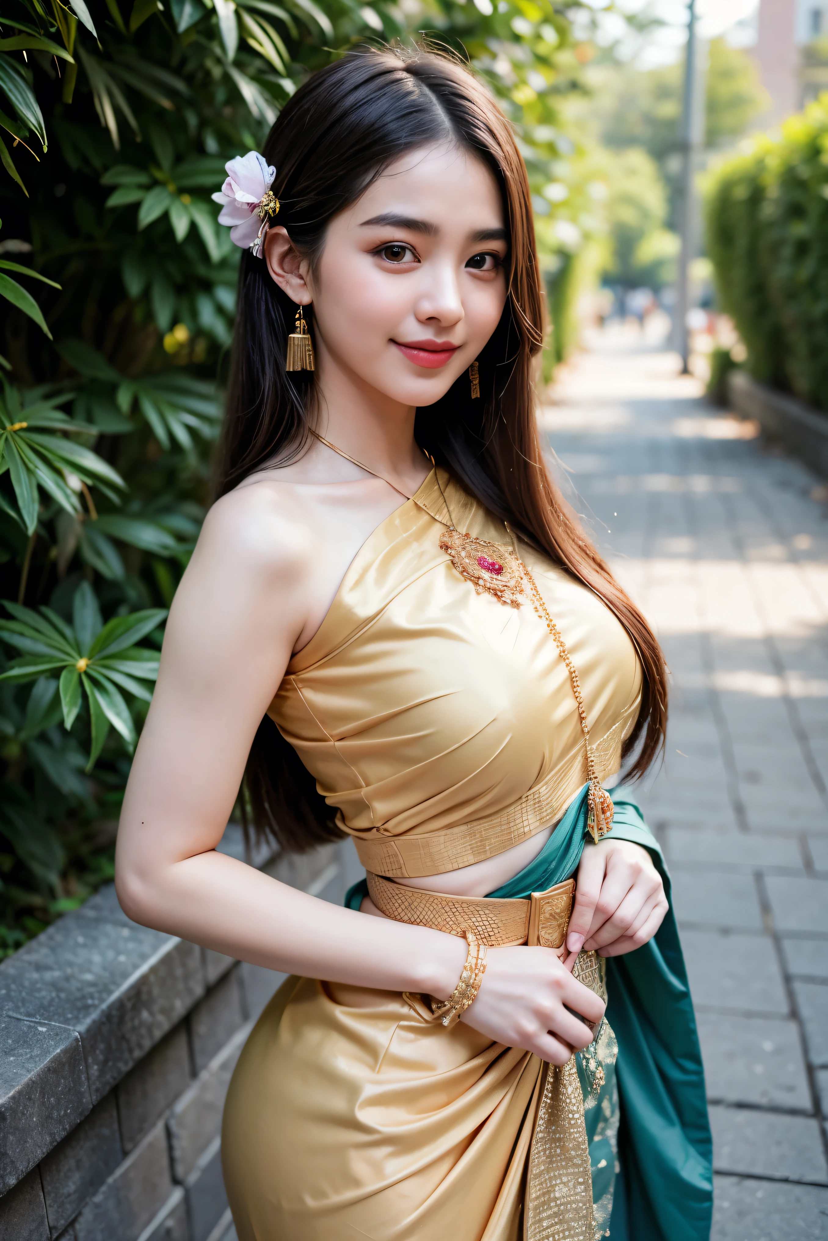 8K, ultra high detailed, an thai girl, cute face, happy, long hair, impressive hairstyle, detailed eyes, detailed lips, indian clothes, saree, green saree, lace, wearing jewellery, nature background, flowers, afternoon, shadow, clear weather, whole body capture, cute smile, nsfw