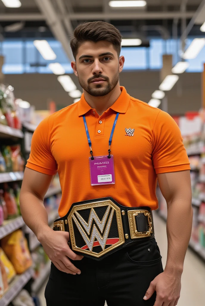 Musclur malay men with orange polo t-shirt and black pant with magenta layard Id  standing tall in supermarket with wwe championship belt around his waist