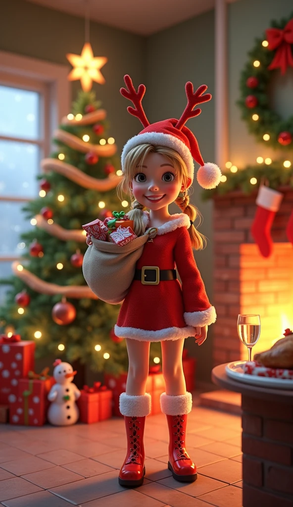 Create a realistic 3D rendering of a festive Christmas scene set indoors, capturing the warmth and joy of the holiday season. The centerpiece is a beautifully decorated Christmas tree adorned with sparkling ornaments, twinkling lights, and a shining star on top. Nearby, a cozy fireplace crackles with a gentle fire, its mantel adorned with a lush wreath and stockings.
In the foreground, a cheerful young woman dressed in a playful Santa costume stands, smiling warmly at the viewer. Her outfit includes a fur-trimmed red dress, Santa hat, and matching boots, with reindeer antlers perched playfully on her head. She holds a large sack over her shoulder, filled with colorful gift boxes and candy canes. Her blonde hair is styled in twintails, and she wears star-shaped earrings and a snowflake hair ornament.
The room is filled with festive elements: a snowman figurine on the tile floor, a holly-adorned bell hanging from the ceiling, and a window showing a gentle snowfall outside. A table nearby holds a champagne flute and a plate of holiday treats, including a roasted chicken. The mood is joyful and inviting, with a sense of celebration and giving in the air. The scene is lit with warm, ambient lighting, enhancing the cozy and festive atmosphere.
