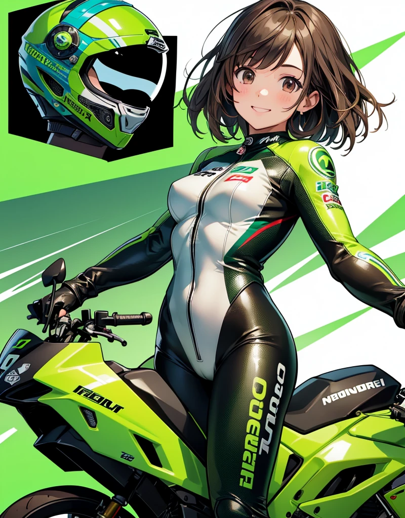  One girl , solo,  high res, chest,  blush,  smiles,  short hair , bangs,  brown eyes,  high res, masterpiece, accurate,  anatomically correct,  wins numerous awards, 最 High Quality , high detail,  high definition model ,  High Quality ,  retina,  very detailed,  Ultra Fine, Brown Hair, standing, ((( GREEN LEATHER RACING SUIT ))), circuit field background , GREEN SPORTS BIKE ,  wear a green racing suit all over, Leather gloves,  open your mouth and laugh, Highlight the whole body,  don't reveal your skin, During a circuit race, Motorcycle circuit , motorcycle circuit,  racing suit with sponsor logo , ( One girl , Well-proportioned body,  cute face,  short hair:1.2), (最 High Quality ,  high res,  ANIME STYLE,  Motorsports rider with digital drawing mode  ,  realistic :1.1), MotoGP rider,  pose beside a Moto GP bike with a helmet in hand, Get your helmet,  depth of field ,  Circuit Background ,  detailed texture with helmet in hand