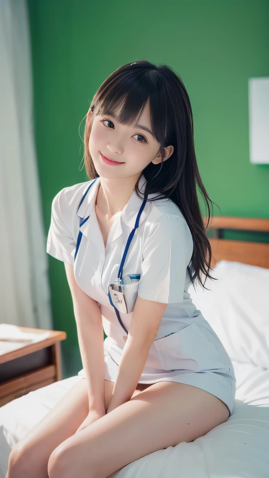 (Close-up face shot of one slender small breasts two side up black medium hair with bangs girl in a white nurse uniform without underware:1.5)、(One girl is leaning on the bed in the hospital room at the night time with shy smile:1.5)、(blurred background:1.5)、(Natural light:1.5)、(High-key photo:1.5)、(8k ultra detailed master piece:1.5)、(perfect anatomy:1.5)、(Photorealistic stick:1.5)、(Raw photo:1.3)、(highest quality:1.5)、(High resolution:1.3)、(Delicate and beautiful perfect face:1.3)、(Delicate and beautiful eye air skin:1.3)、(Real Human Skin:1.3)、((thin legs))