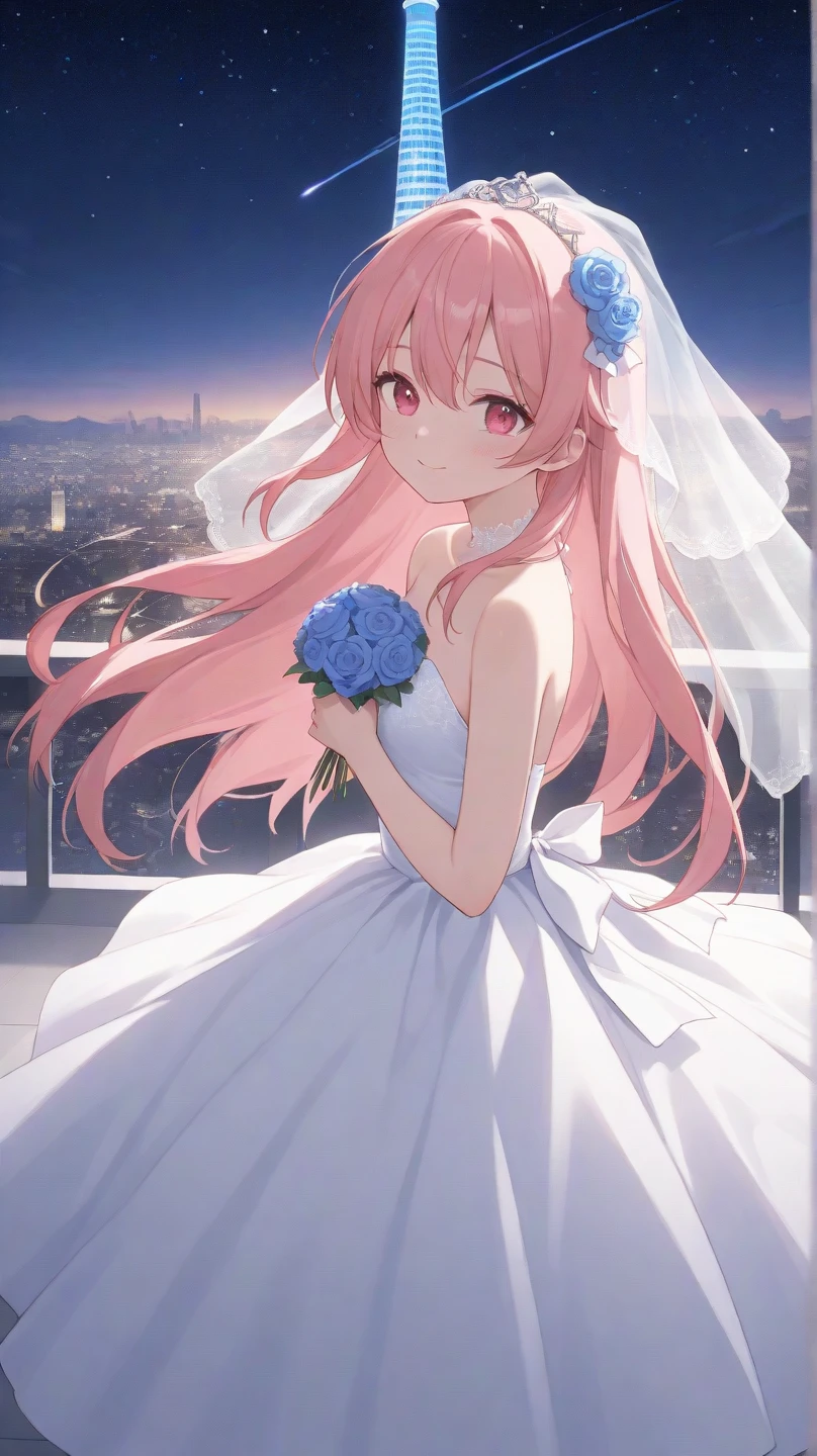  Female in Wedding Dress、Background Skytree 、 starry sky 