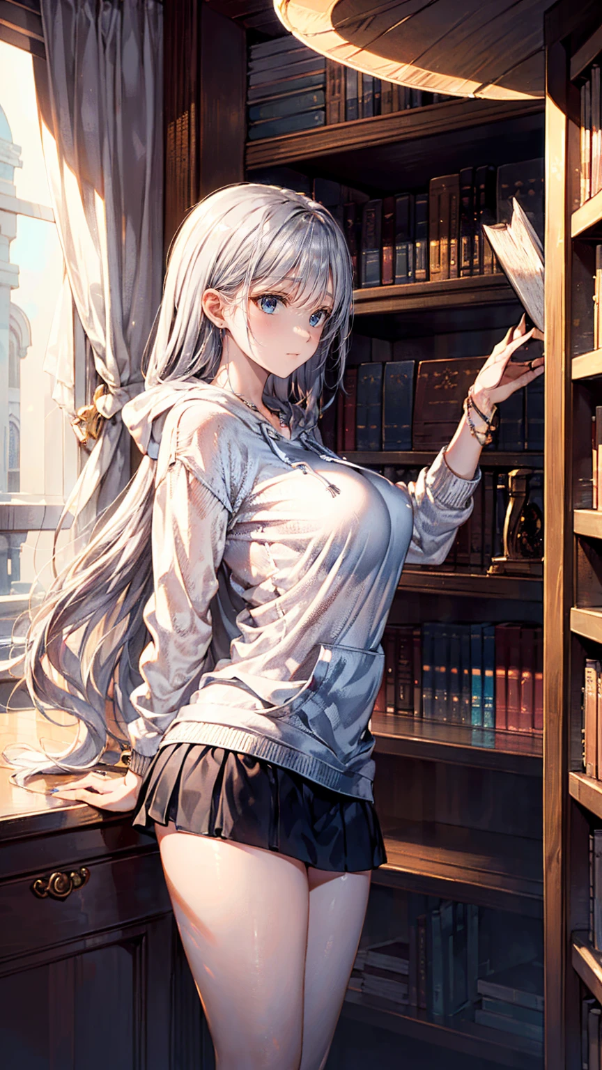 woman, silver hair, green jade eyes and pink batm and white plain dress, Anime realistic artstyle, 4K realistic digital art, 4K realistic digital art, DeviantArt Artstation CGScosiety, ArtGerm extremely detailed, made with anime painter studio, looking at camera, Glimmering eyes, holding books