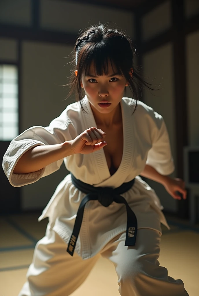  Karate pose, kick , Side view , Full- body,  beautiful  Japanese, 18-year-old, (Light brown hair, short pony tail , Brown fringe eyes, Beautiful Lips, serious), (middle Breasts, , middle Hips) ,((Karate clothes, Karate underwear,  Black obi)), (White underwear:1.3), At the Karate Dojo, Standing on tatami mat, Textured skin ,((Surrealism, Fujicolor, Fujifilm, UHD, retina, masterpiece, accurate, anatomically correct, textured skin, super detail, high details, high quality, best quality, 8k))