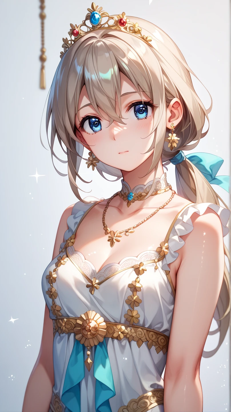 solo、(( 25 year old woman))、 big eyes、 blue eyes、 beautiful eyes、 Light Brown Hair、(( low ponytail ))、 bangs between eyes、 textured skin 、 Sexy Dress 、Fits your body、light blue、(Shiny fabric:1.25)、( Beautiful Gold Embroidery :1.15)、 sparkling earrings 、 necklace、silver glittering tiara、( 8K resolution 、 highest image quality taken by Ki:1.2)、(vibrant colors:1.25)、( rich contrast:1.15)、( top quality 、 high definition:1.25)、(( standing、 above the knee))、front、 from before