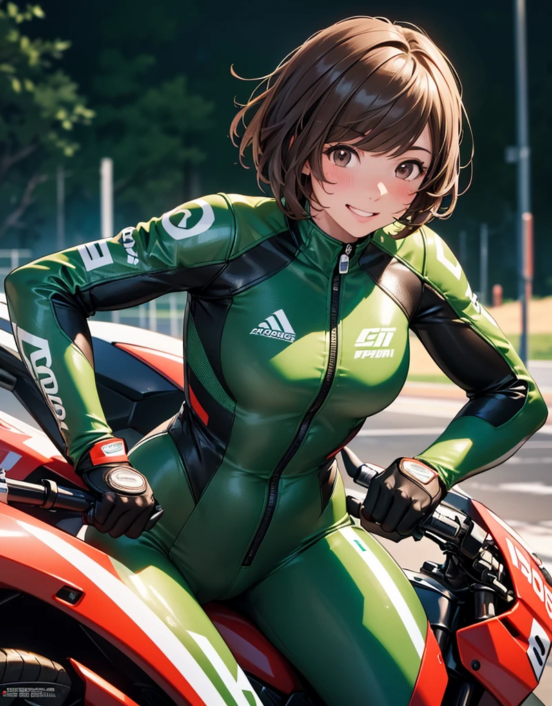  One girl , solo,  high res, chest,  blush,  smiles,  short hair , bangs,  brown eyes,  high res, masterpiece, accurate,  anatomically correct,  wins numerous awards, 最 High Quality , high detail,  high definition model ,  High Quality ,  retina,  very detailed,  Ultra Fine, Brown Hair, standing, ((( GREEN LEATHER RACING SUIT ))), circuit field background , GREEN SPORTS BIKE ,  wear a green racing suit all over, Leather gloves,  open your mouth and laugh, Highlight the whole body,  don't reveal your skin, During a circuit race, Motorcycle circuit , motorcycle circuit,  racing suit with sponsor logo , ( One girl , Well-proportioned body,  cute face,  short hair:1.2), (最 High Quality ,  high res,  ANIME STYLE,  Motorsports rider with digital drawing mode  ,  realistic :1.1), MotoGP rider,  pose beside a Moto GP bike with a helmet in hand,  depth of field ,  Circuit Background ,  detailed texture with helmet in hand