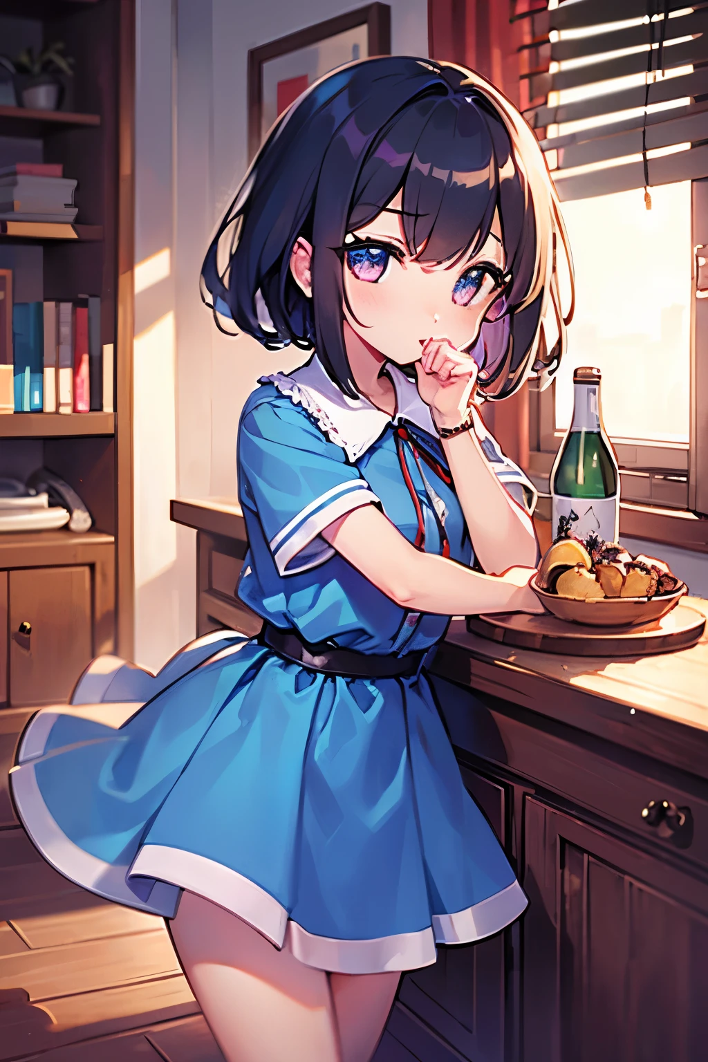 Light color, Delicate Light, 超 high res, Attention to Details , High Quality , high res, 最 High Quality , 4K, 8k, ( cute girl), (Hug a cute stuffed spheal), anatomically correct fingers, pink dress, cute face, black hair shortcut , Aquarium fish tank , Plenty of fish