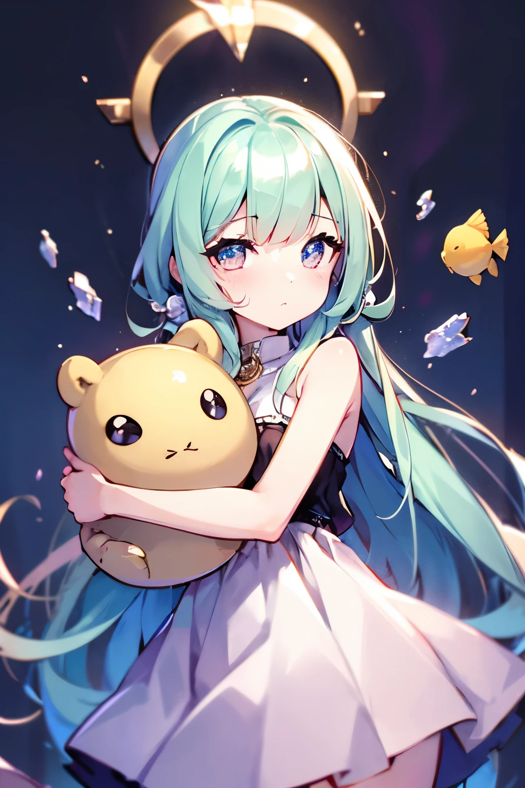 Light color, Delicate Light, 超 high res, Attention to Details , High Quality , high res, 最 High Quality , 4K, 8k, ( cute girl), (Hug a cute stuffed spheal), anatomically correct fingers, pink dress, cute face, black hair shortcut , Aquarium fish tank , Plenty of fish